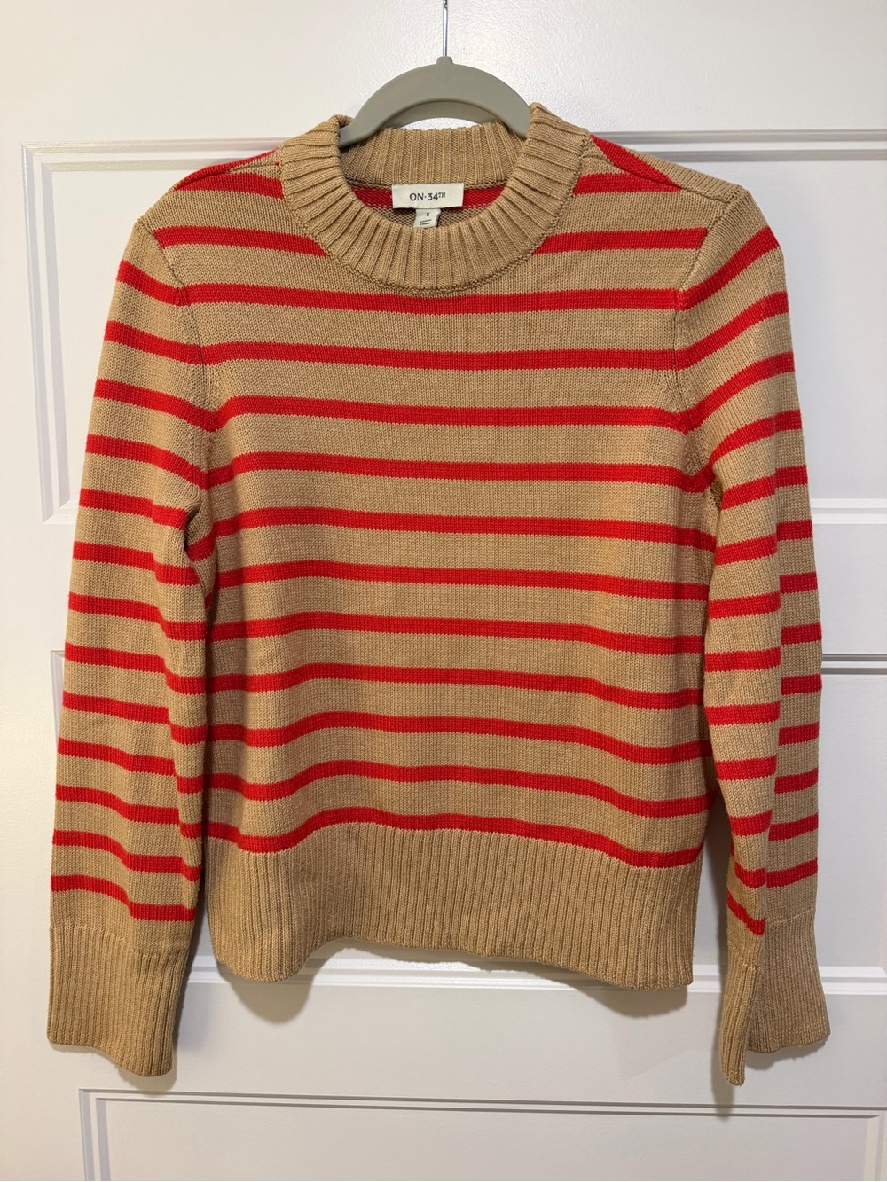 ON-34th Beige and Red Striped Crewneck Sweater